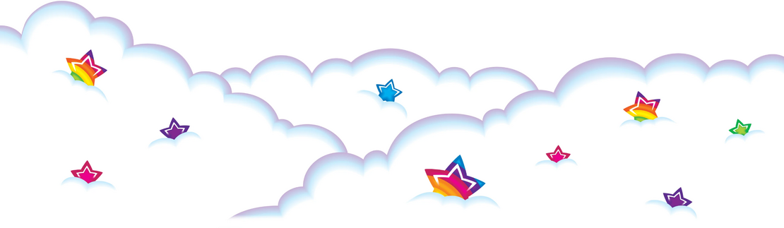 White fluffy Lisa Frank clouds with rainbow stars scattered amongst them.